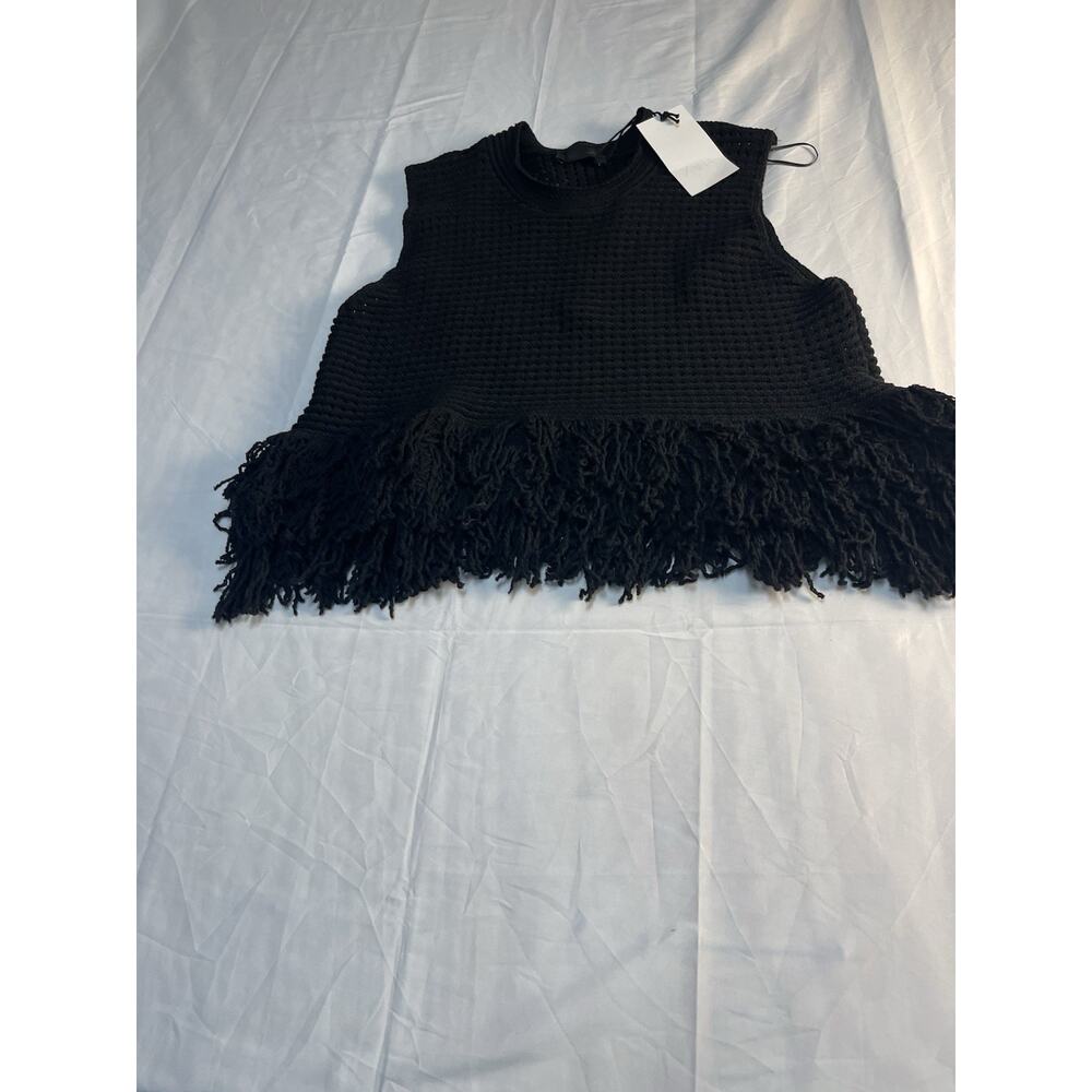 Zara Fringe Knit Crop Top XL Black Boho Festival Western Sleeveless Sweater NWT